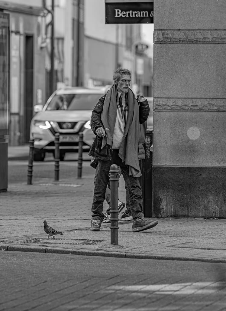 Szene mit Mann und Taube – Streetphotography Köln mit Symbolkraft