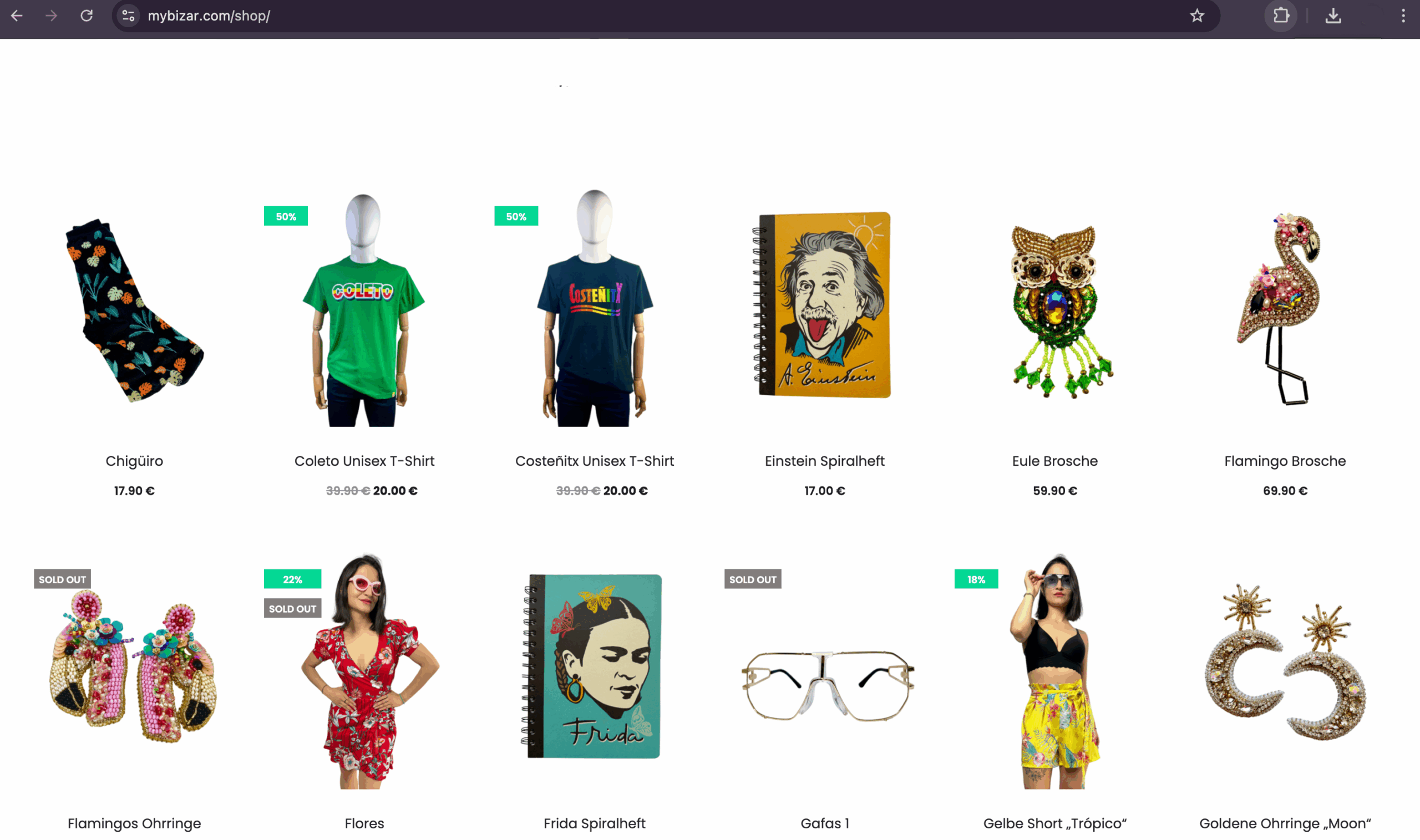 Produktübersicht im MyBizar Onlineshop mit Latino Mode, Schmuck, Notizbüchern und farbenfrohen Designs aus Lateinamerika.